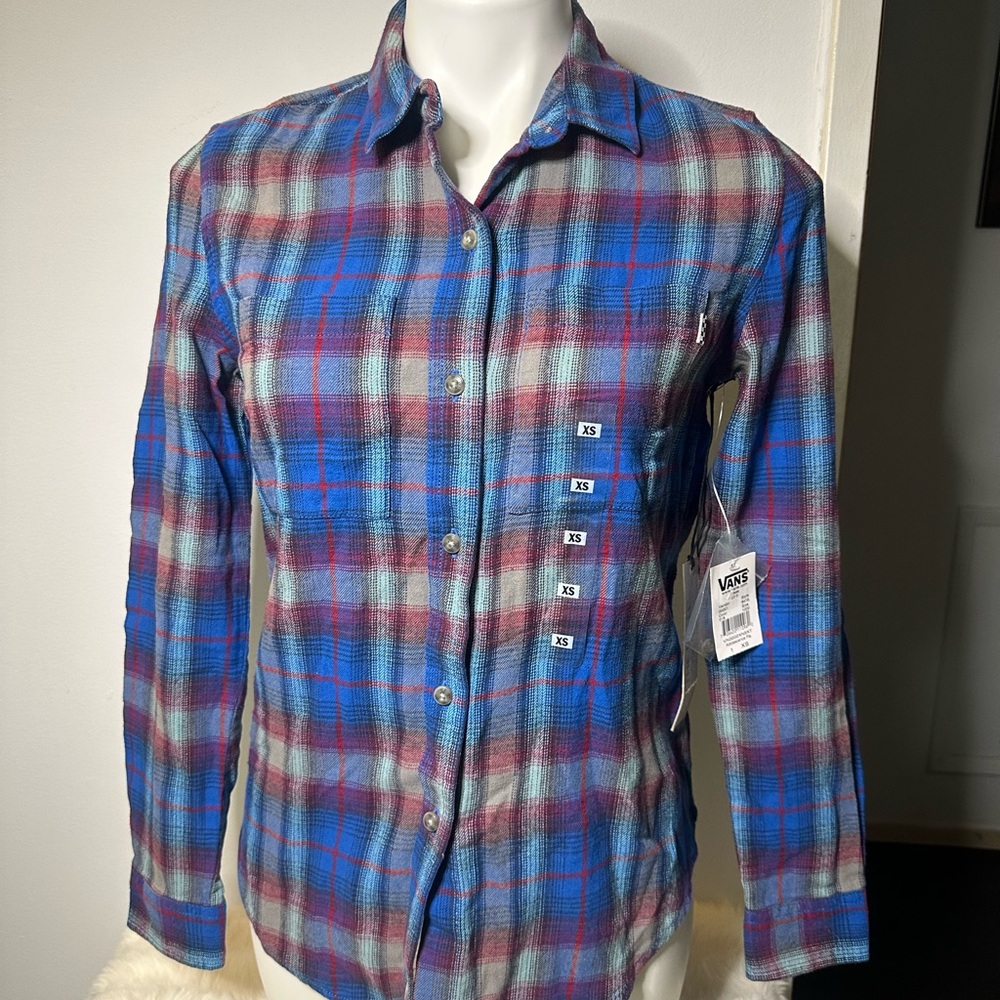Vans Women's Blue and Purple Plaid Long Sleeve Top